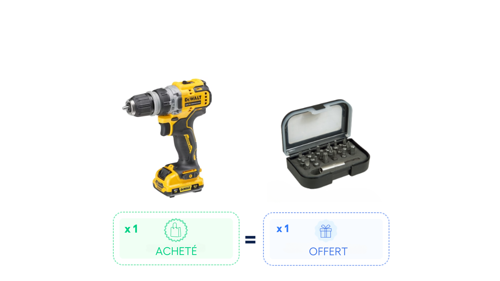 Pack : Perceuse visseuse XR 12V achetée = Coffret ' vissage ' 1/4" 25mm (19 pcs) OFFERT